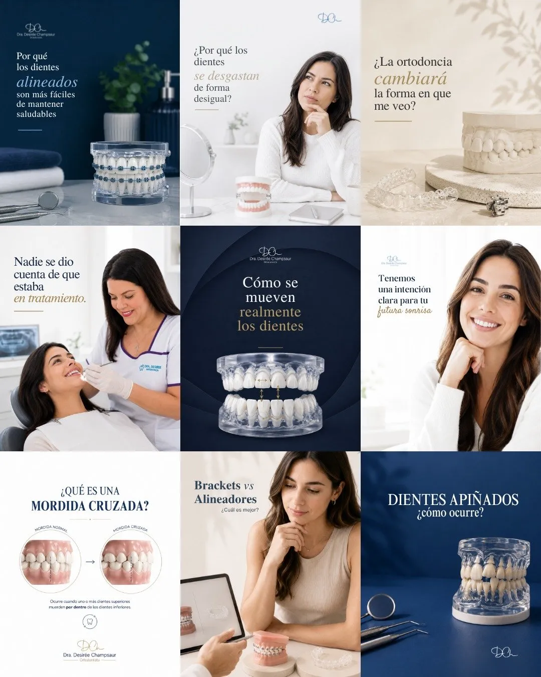 Nine consecutive posts from Dra. Desirée Champsaur's feed: orthodontics in Spanish, in navy and cream.