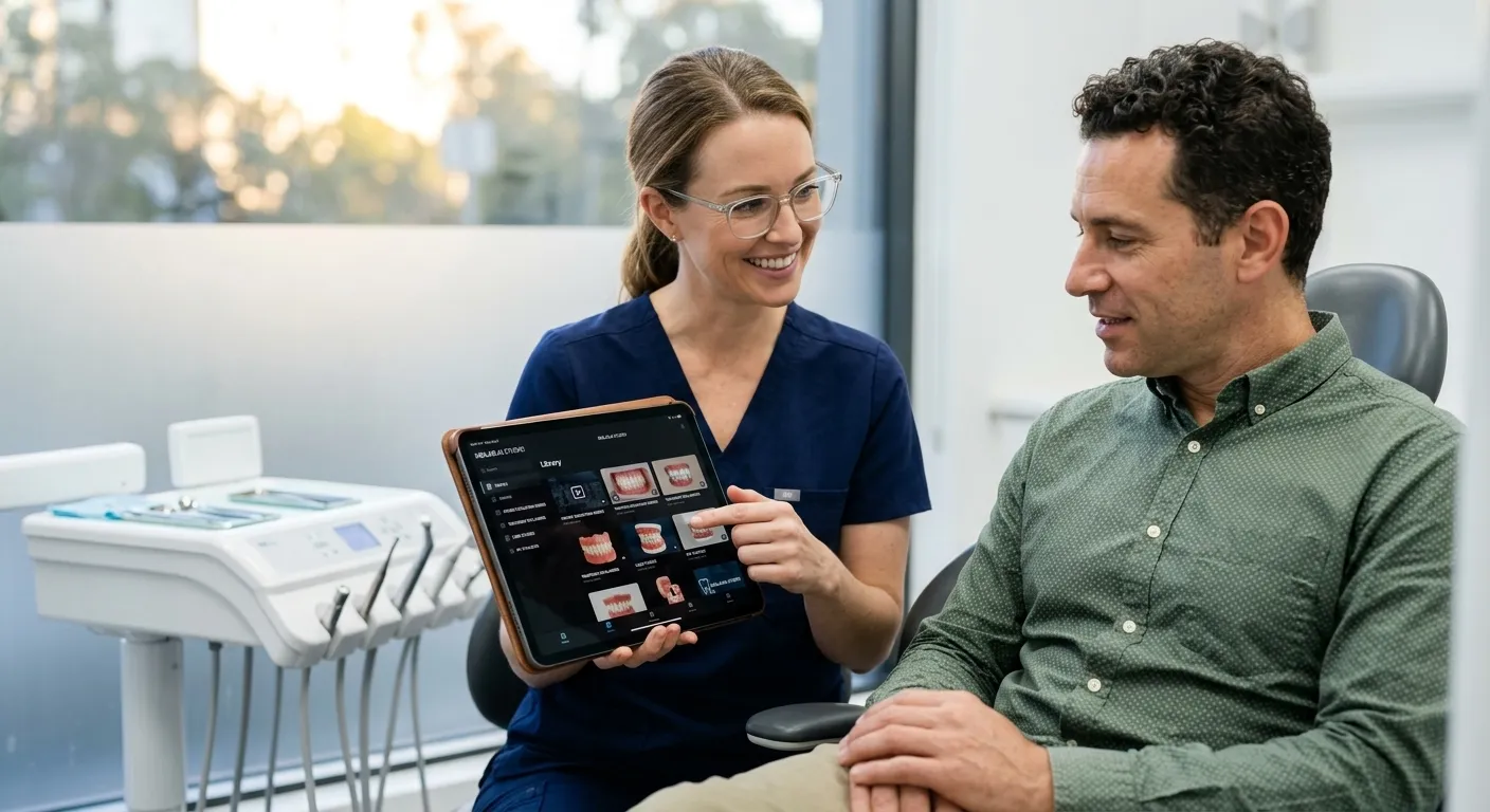 A dental team member showing a patient the video library on an iPad, chairside.