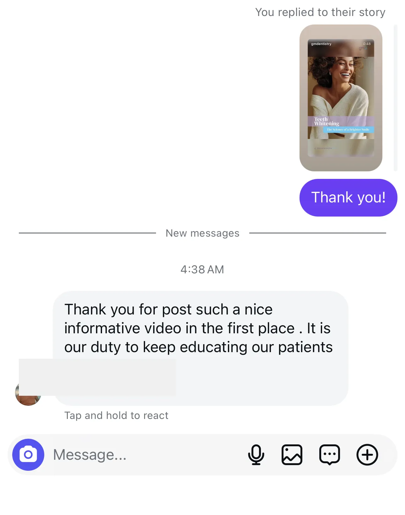 Instagram message: “Thank you for post such a nice informative video in the first place. It is our duty to keep educating our patients”