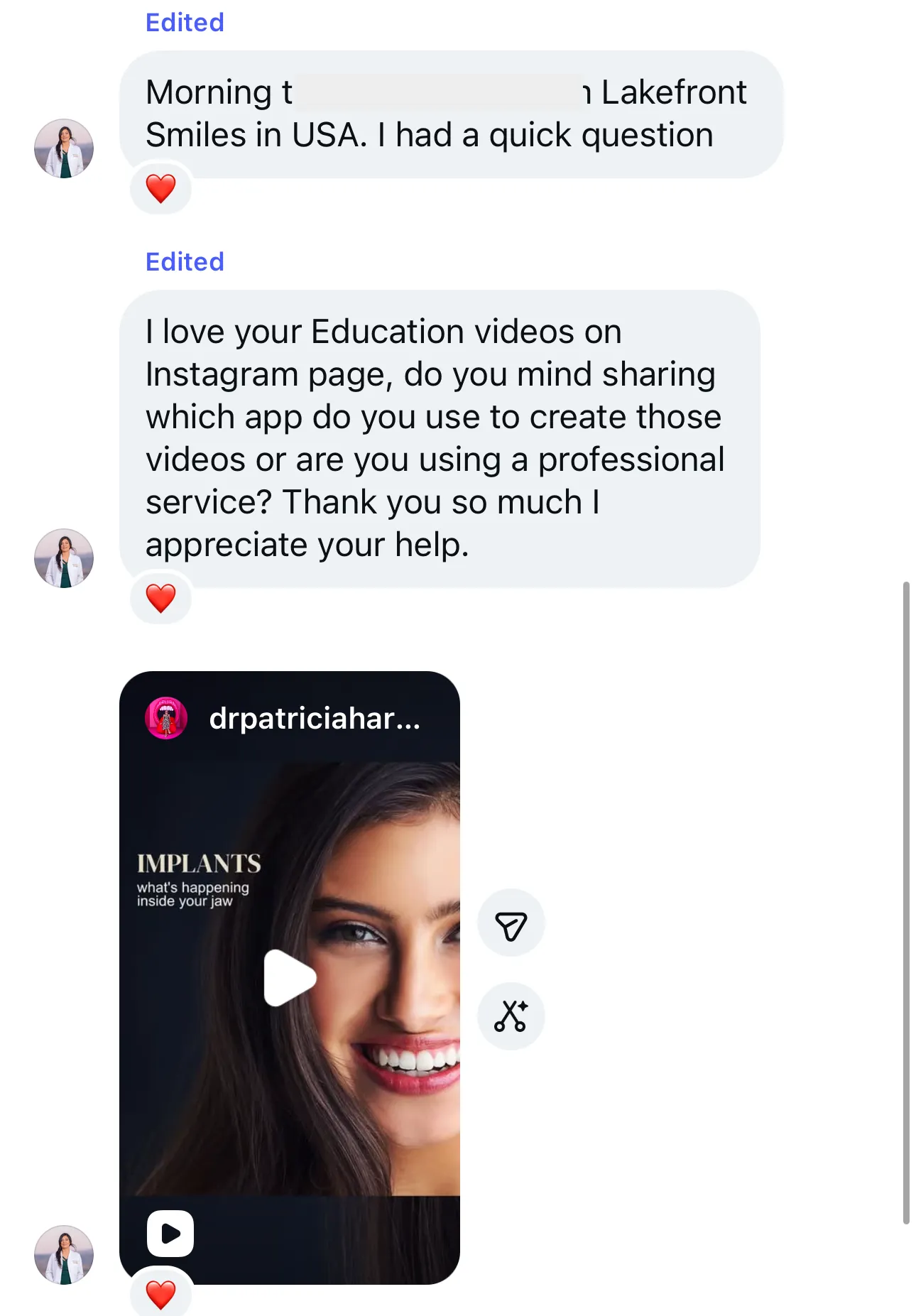 Instagram message: “I love your Education videos on Instagram page, do you mind sharing which app do you use to create those videos or are you using a professional service? Thank you so much I appreciate your help.”