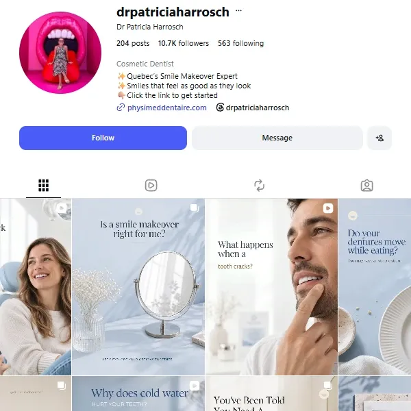 The same Instagram profile showing 204 posts, 10.7K followers and a full grid of patient education posts.