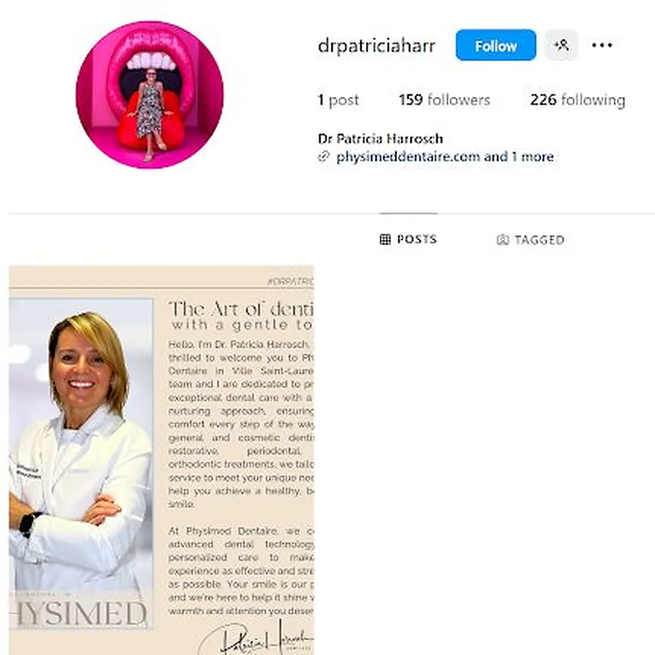 Instagram profile for @drpatriciaharrosch showing 1 post, 159 followers and a single post in the grid.