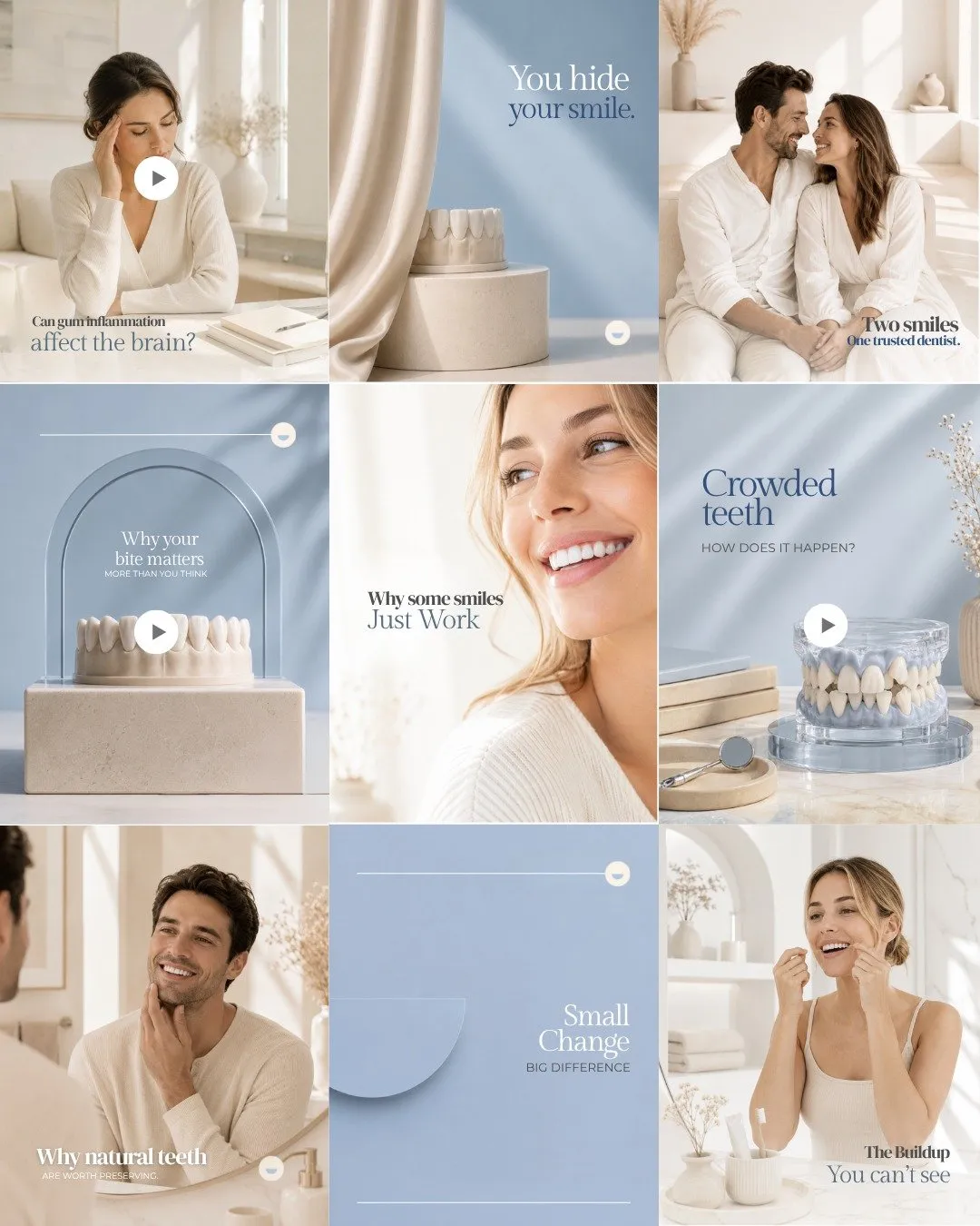 Nine consecutive posts from Physimed Dentaire's feed: general and cosmetic dentistry in English, in powder blue and warm sand.