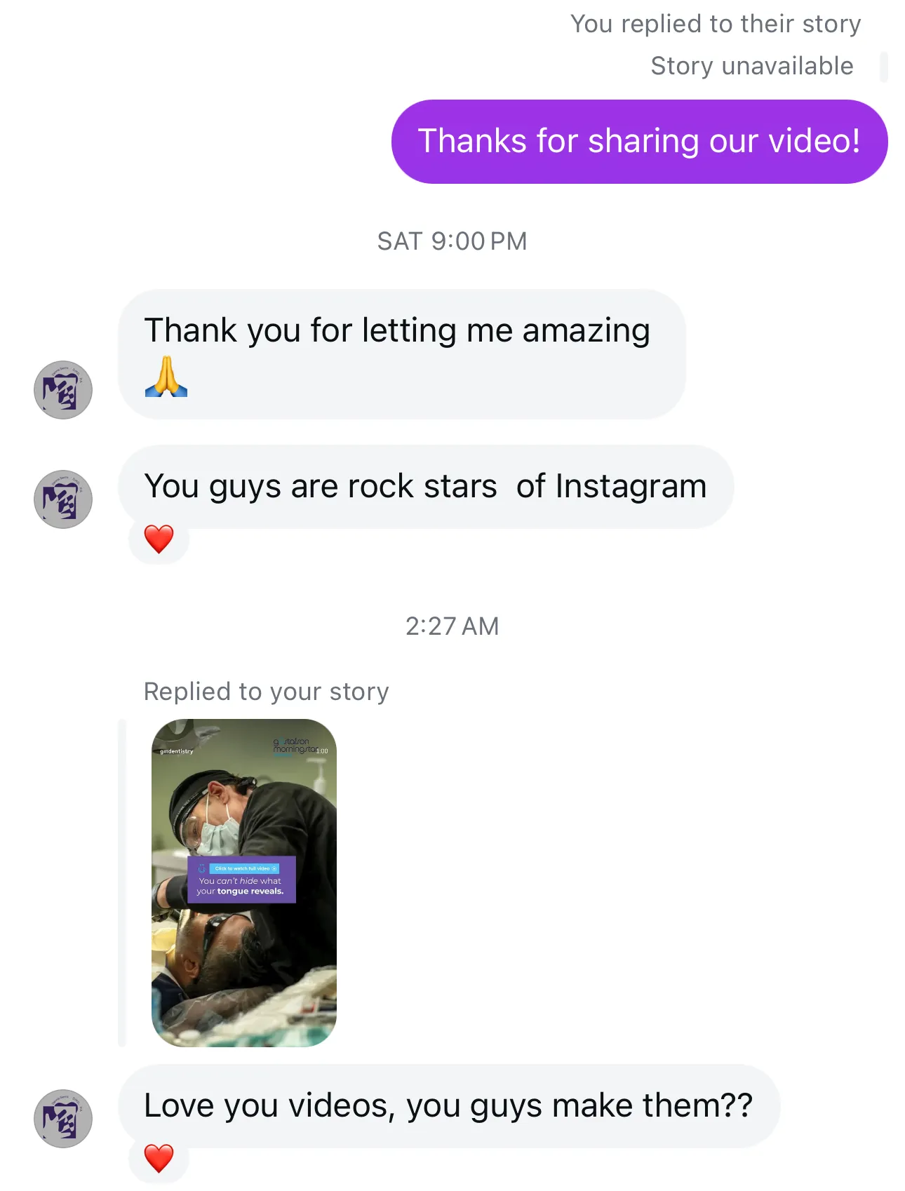 Instagram message: “Thank you for letting me amazing. You guys are rock stars of Instagram. Love you videos, you guys make them??”