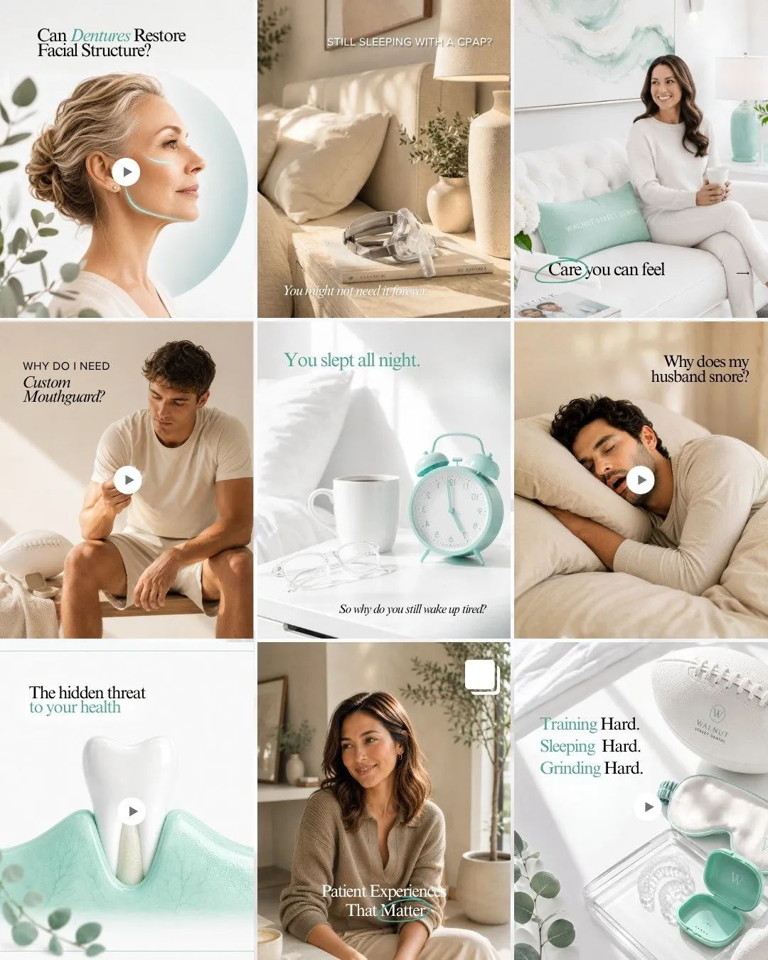 Nine consecutive posts from Walnut Street Dental's feed: sleep dentistry and airway in English, in teal and oat.