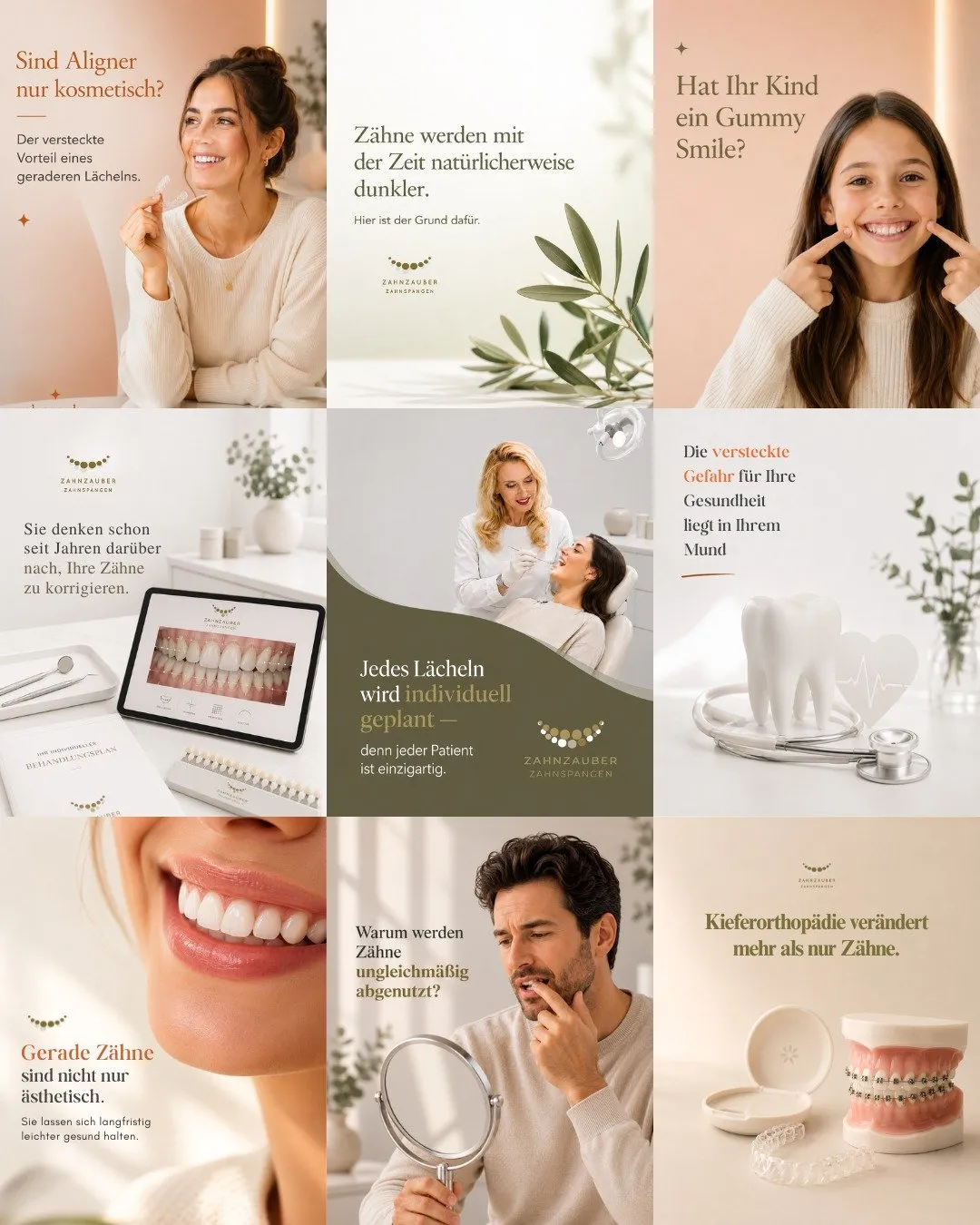 Nine consecutive posts from Zahnzauber Zahnspangen's feed: orthodontics in German, in terracotta and sage.